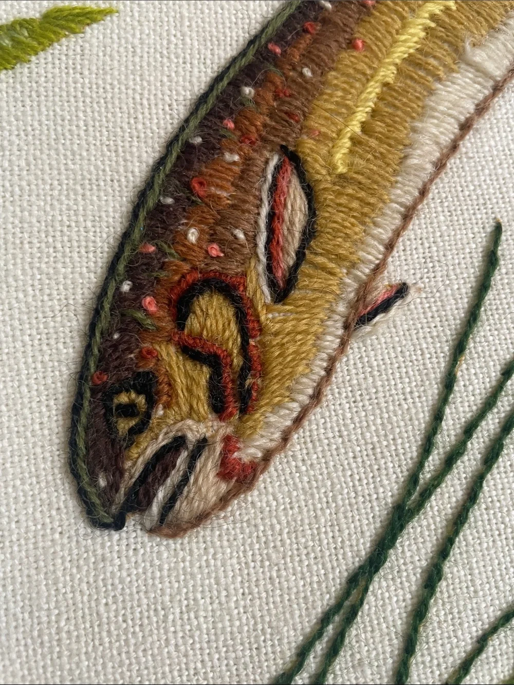 Embroidered Fish Aquarium Art - Green and Brown, hand made